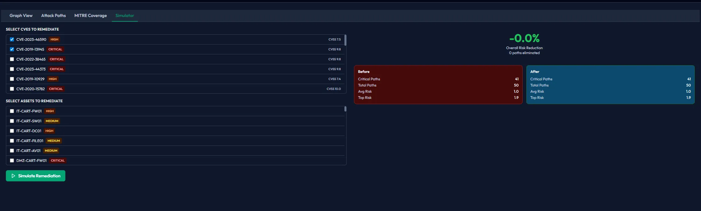 Interactive attack path graph showing threat routes across network assets