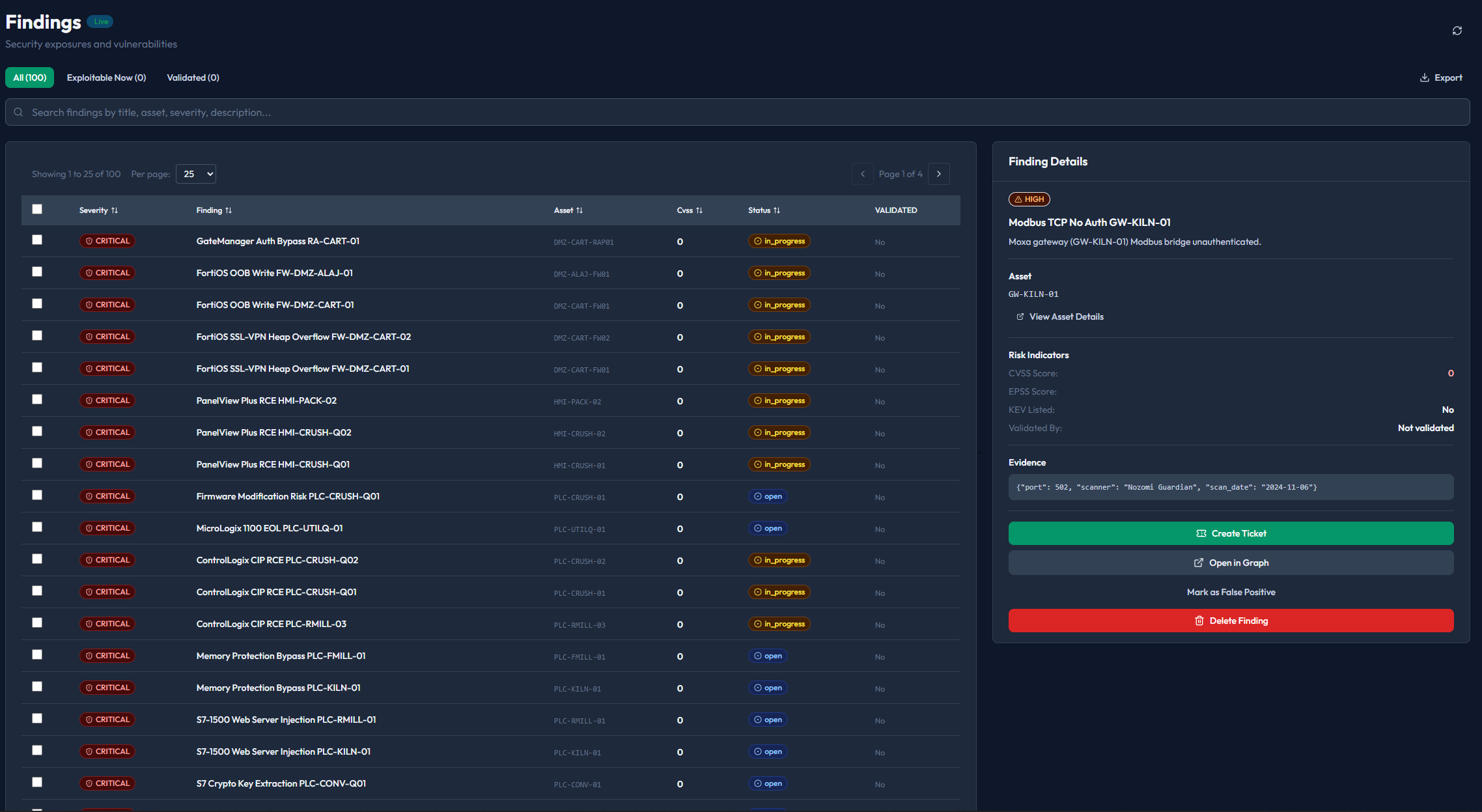 Piscium actionable findings interface