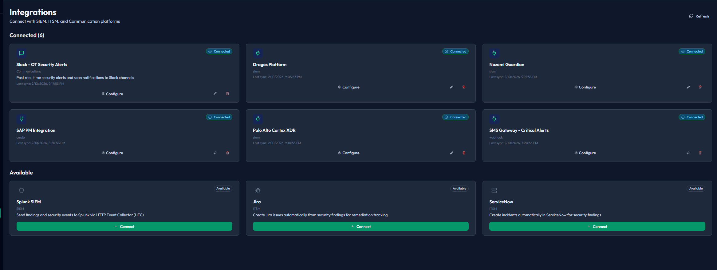 Piscium Sentinel Integrations Dashboard
