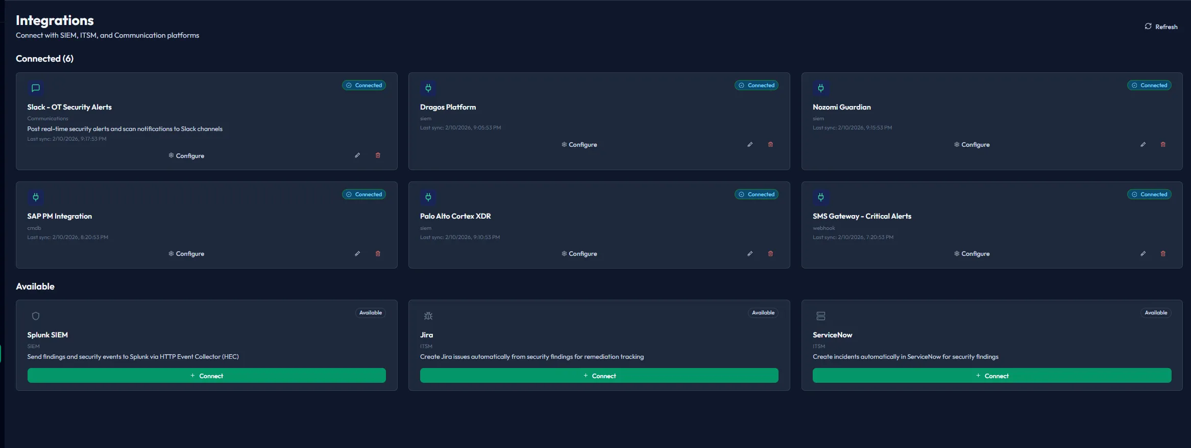 Piscium Sentinel Integrations Dashboard